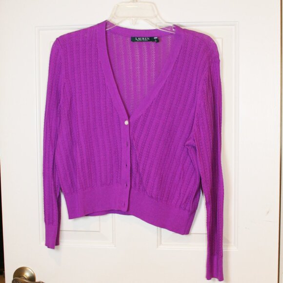 Ralph Lauren Purple Button Front Knit V Neck Cropped Cardigan Sweater Size PL - Picture 1 of 4